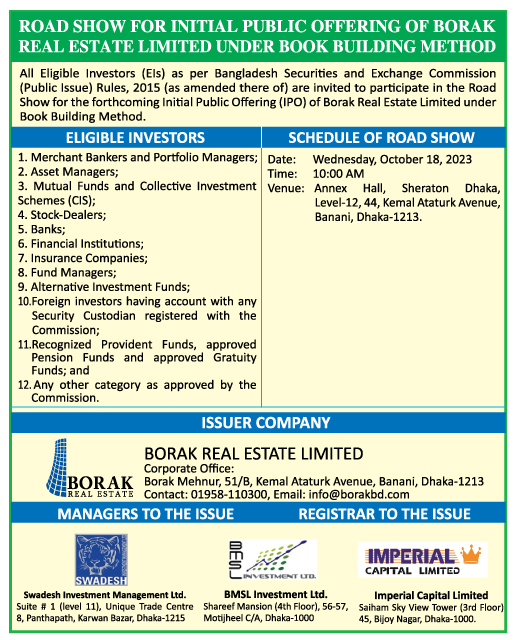 road show for initial public offering of borak real estate limited under book buildin method
