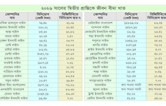 ৩৪ লাইফ ইন্স্যুরেন্স কোম্পানির বিনিয়োগ প্রায় ৪৩ হাজার কোটি টাকা